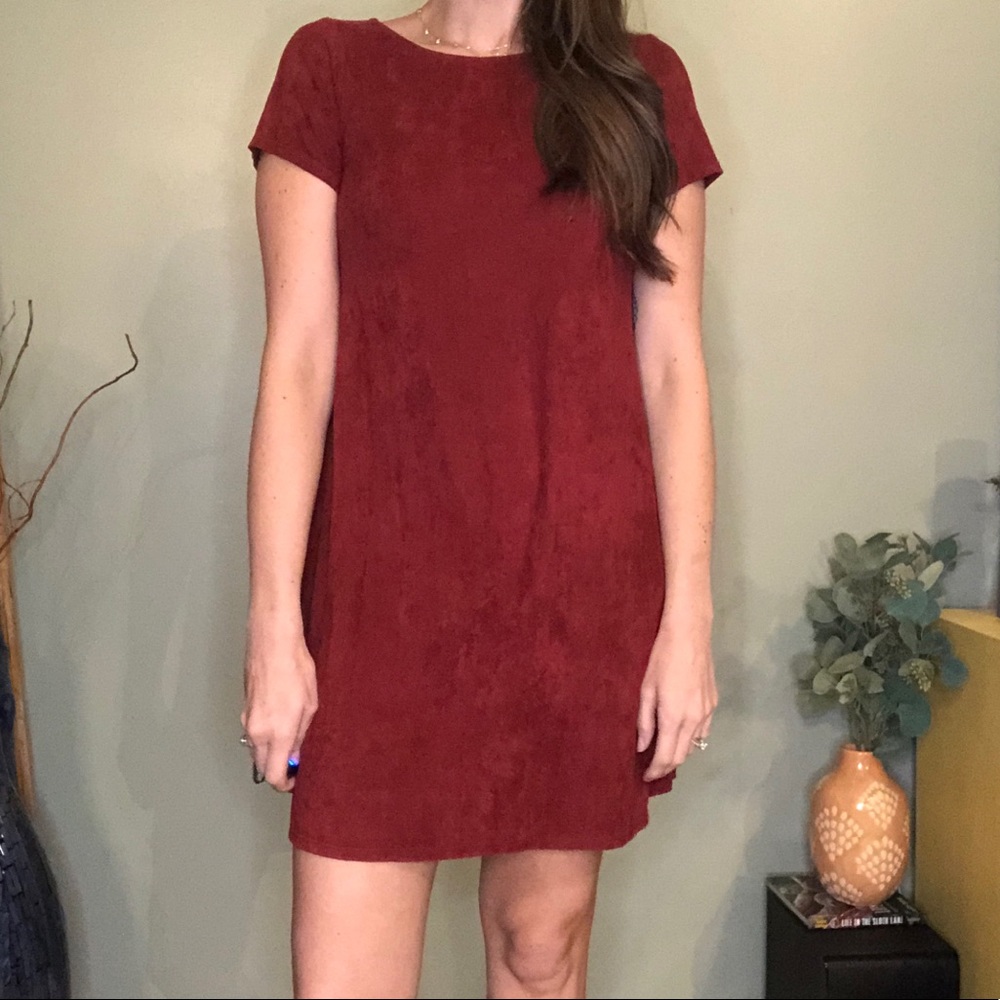 Burgundy Faux Suede Mini Dress w/Strappy Back